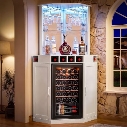 GDLF Tall Corner Bar Cabinet with Fridge Space, LED Liquor Cabinet, White - color: White, size: 73.1" Tall