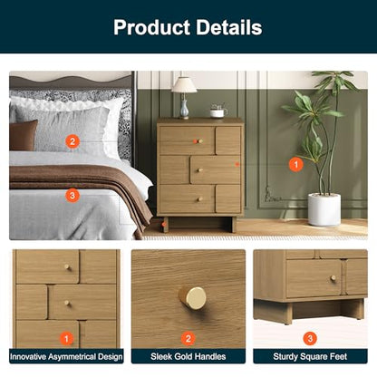 RoyalCraft 3 Drawer Nightstand, 19.69W x 15.35D x 24.80H Inch Wood Bedside Table with 110LBS Load Capacity, End Table Storage Cabinet for Bedroom, Study, Natural Oak Nightstand