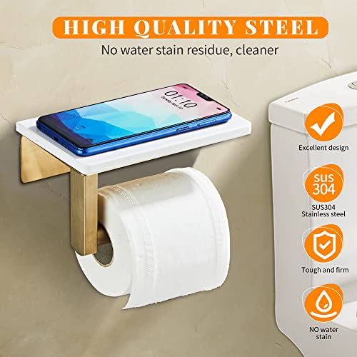 Brushed Gold Toilet Paper Holder with Shelf, 304 Stainless Steel Screw Wall Mounted, Marble Tissue Roll Holder with Storage - color: Brushed Gold
