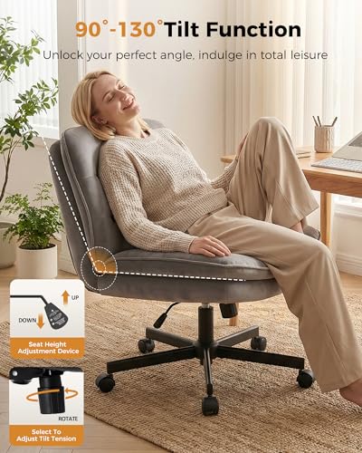 COMHOMA Criss Cross Office Chair with Wheels Armless Desk Chair Comfy, Modern Vanity Chair for Home Bedroom, Comfortable Wide Seat for Lower Back Pain Relief, Soft Velvet, Gray - color: Moon-gray Velvet