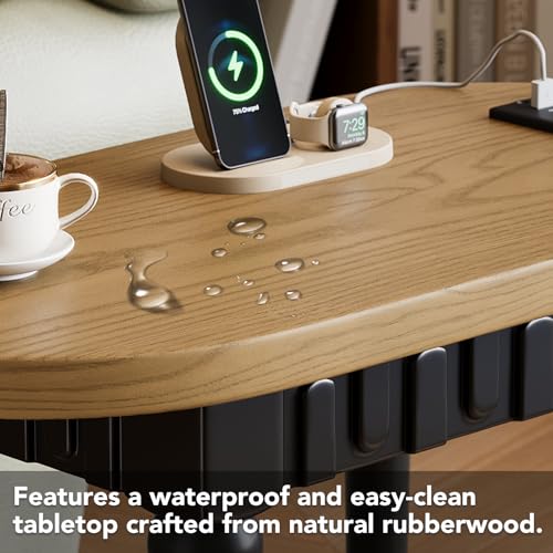 Oval End Table with Charging Station, 2-Tier Natural Wood Side Table with USB Ports & Power Outlets, for Living Room, Sofa, or Nightstand in Bedroom