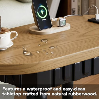 Oval End Table with Charging Station, 2-Tier Natural Wood Side Table with USB Ports & Power Outlets, for Living Room, Sofa, or Nightstand in Bedroom