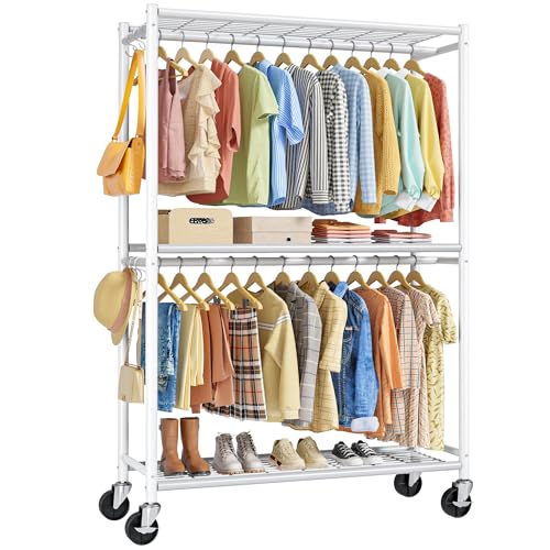 Sakugi Clothes Rack - Double Hanging Rod Clothing Rack with Wheels & Leveling Feet, Large Capacity Wardrobe Closet with Shelves for Bedroom, Laundry Room, Entryway, 45.2" x 12.6" x 80.7", White - color: White, size: XX-Large