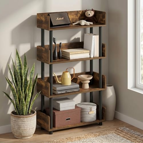 4-Tier Open Shelves Book Shelf with Side Panels, Storage Shelves with Rounded Corner Top Edges, Display Shelf for Organization and Storage, Home Office, Living Room, Amber Pine - color: Amber Pine/Black, size: 4 Tier