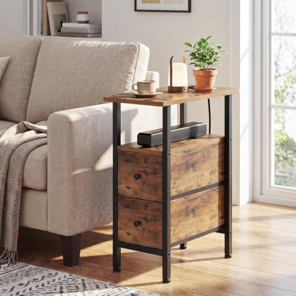 LOAKEKEL Narrow End Table with Charging Station, Side Tables Living Room | End Tables Living Room Set of 2, Skinny Nightstand with Fabric Drawers for Bedroom, Small Spaces, Rustic Brown - color: Rustic Brown, style: Power