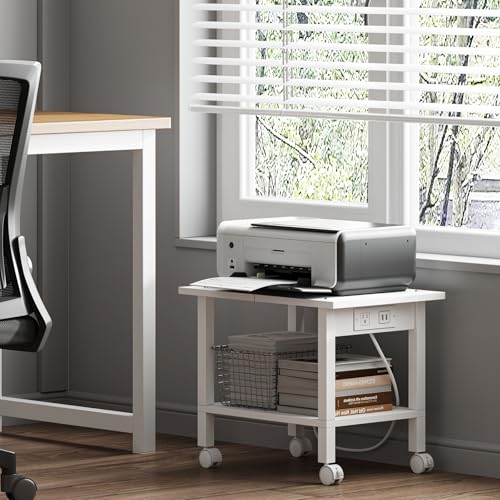 TUTOTAK Printer Stand, 2 Tier Rolling Printer Cart with Charging Station | Small Under Desk Printer Table with Wheels for Small Space, Office, Home, White PS01BW001P - color: White, size: 2 tier(18.9 x 11.8 x 15.4inchs)