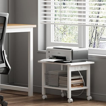 TUTOTAK Printer Stand, 2 Tier Rolling Printer Cart with Charging Station | Small Under Desk Printer Table with Wheels for Small Space, Office, Home, White PS01BW001P - color: White, size: 2 tier(18.9 x 11.8 x 15.4inchs)
