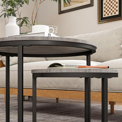 HOJINLINERO Round Coffee Table,Nesting Coffee Table Set of 2,Center Tables for Living Room,Office, Home Small Space,Small Table Stacking Side Tables,Sturdy and Easy Assembly,Wood Desktop,Black+Grey - color: Grey, size: Small
