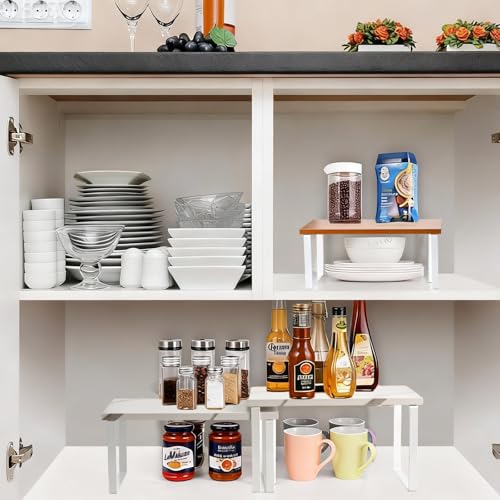 2-Pack Expandable Stackable Cabinet Shelf, Metal and Wood, White - color: White