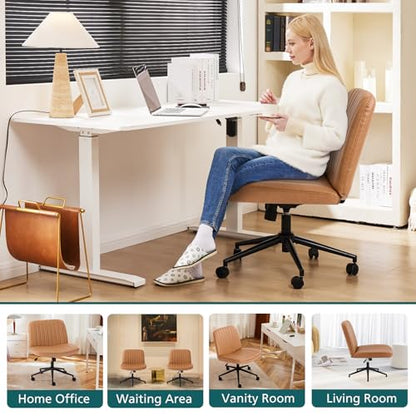 OLIXIS Criss Cross Chair with Wheels, Vanity Chair, Home Office Desk | Wide Seat Armless, Faux Leather, Height Adjustable Swivel Rolling, Home Computer Task Seating for Bedroom Study, Brown PU - color: Brown Pu