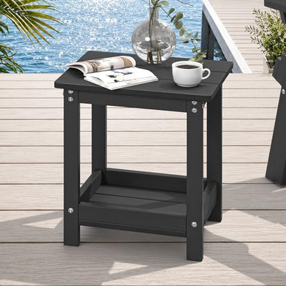 LUE BONA Small Outdoor Side Table, 2-Tier HDPE with Rail, Black | Outdoor End Table with Rail for Patio, Deck, Poolside, Weather Resistant HDPE, Low Maintenance, Easy to Clean - color: Black
