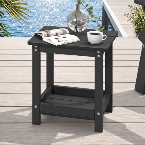 LUE BONA Small Outdoor Side Table, 2-Tier HDPE with Rail, Black | Outdoor End Table with Rail for Patio, Deck, Poolside, Weather Resistant HDPE, Low Maintenance, Easy to Clean - color: Black