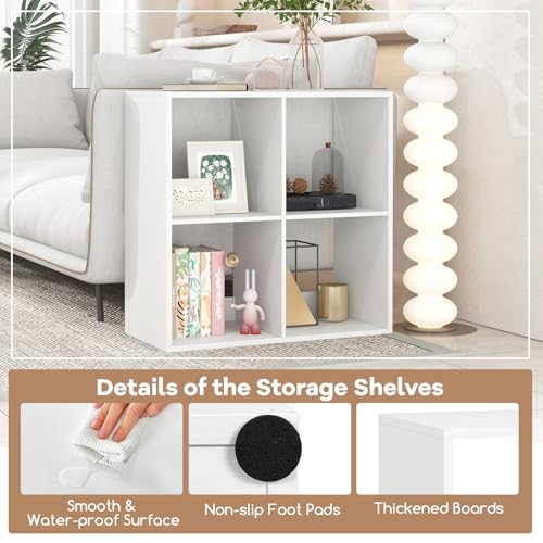 4 Cube Storage Organizer, 2 Tier Floor Standing Bookcase, Small Bookshelf for Small Spaces, Wooden Open Display Shelf for Living Room, Bedroom, Study, White Bookshelf with Open Back - size: 4 Cubes