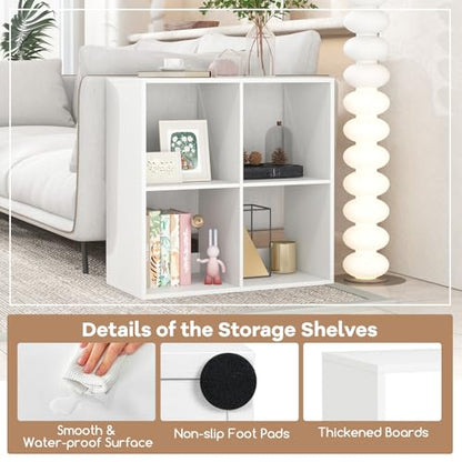 4 Cube Storage Organizer, 2 Tier Floor Standing Bookcase, Small Bookshelf for Small Spaces, Wooden Open Display Shelf for Living Room, Bedroom, Study, White Bookshelf with Open Back - size: 4 Cubes