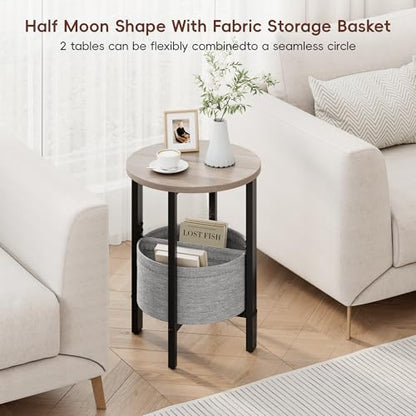 Vagusicc Small Round Side Table End Table, Tall Accent Table with Storage Basket, Set of 2 Half Round Tables Half Moon Tables, Coffee Bedside Tables, Modern Nightstand for Living Room Bedroom, Gray - color: Greige