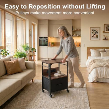 Small Bedside Table with Charging Station, Rolling Side Table with Wheels, Small Nightstand with Drawer Storage for Bedroom - Walnut Look - color: Walnut