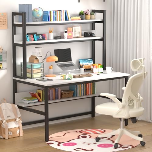 Aquzee Computer Desk, Easy Assembly Gaming Table with Hutch and Shelves, 4 Tiers Desk with Large Wood Desktop, Metal Legs, Ideal for Storage Study Work Writing Homework, White, 55Wx65Hx23.6D Inches - color: White, size: 55inch
