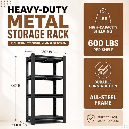 Heavy Duty 4 Tier Metal Bookshelf Adjustable Storage Shelves | 2400 LBS bolt-free steel bookcase with deep shelves for living room, office and garage storage - size: 4Tier-14"Wx 11.8"Dx 44.1"H