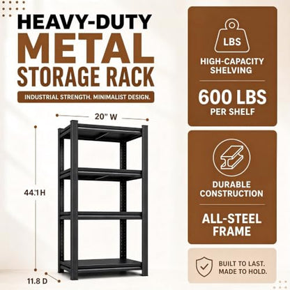Heavy Duty 4 Tier Metal Bookshelf Adjustable Storage Shelves | 2400 LBS bolt-free steel bookcase with deep shelves for living room, office and garage storage - size: 4Tier-14"Wx 11.8"Dx 44.1"H