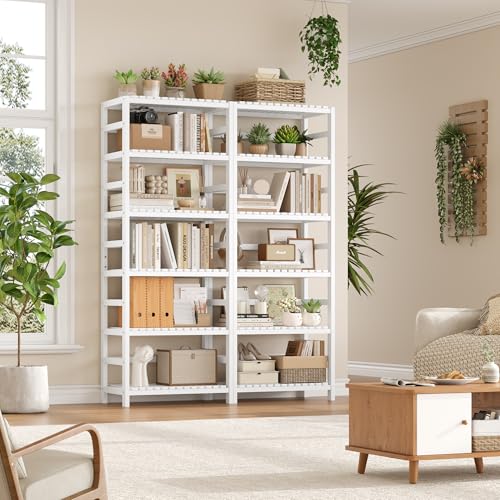 FOTOSOK 6-Tier Bamboo Shelf with Adjustable Shelves, Bamboo Kitchen Cabinet | Tall Bamboo Bookshelf and Plant Shelf with 250-lb Shelf Capacity for Laundry Bathroom Kitchen Pantry Home Office - color: White