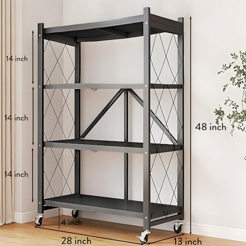 Kitchen Garage Metal Shelves, Storage Shelves Organizer, Foldable Metal Shelving, Closet Shelving Unit, 28" W x 14" D x 50" H Bakers Rack Microwave Stand, Plant Stand with Wheels (4-Tier Shelf) - color: 4-tier Shelf