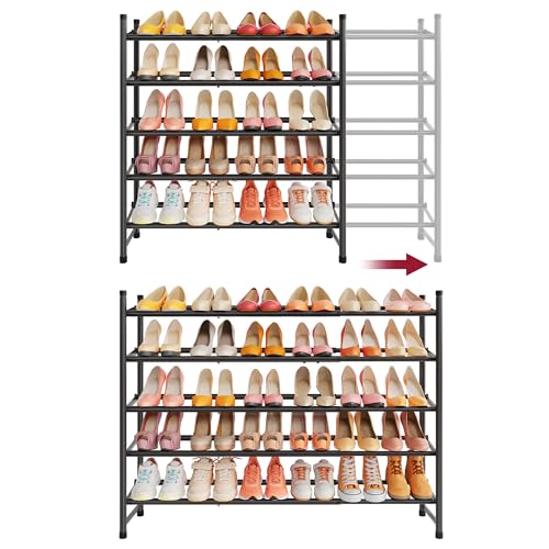 Tajsoon Expandable Shoe Rack for Closet 5 Tier, 29“-41“Adjustable & Stackable Shoe Shelf Storage, Metal Shoe Rack Organizer for Front Door Entrance, Closet, Garage, Entryway, Black - color: Black, size: 5 Tier