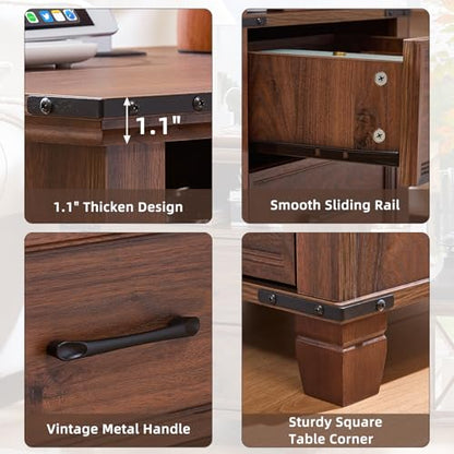 22" Farmhouse Nightstand Set of 2 with Charging Station,End Table with 2 Drawers,Rustic Wood Dresser for Bedroom,Bed Side Table Chest of Drawers Cabinet,Night Stand for Living Room,Brown - color: Brown