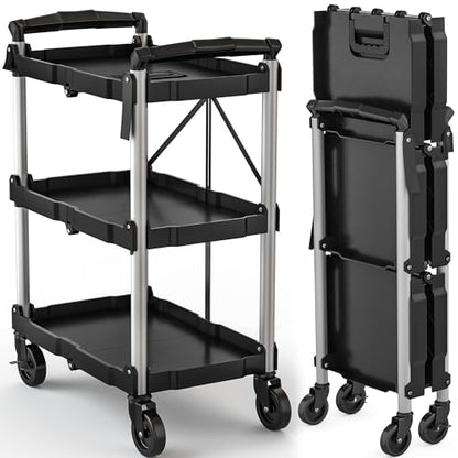 DWVO 3-Tier Foldable Service Cart with Swivel Wheels & Brake, 240LBS | Folding Utility Cart Heavy Duty Collapsible Rolling Cart, 240LBS Portable Utility Cart for Kitchen, Warehouse, Garage - size: 240 LBS