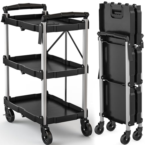 DWVO 3-Tier Foldable Service Cart with Swivel Wheels & Brake, 240LBS | Folding Utility Cart Heavy Duty Collapsible Rolling Cart, 240LBS Portable Utility Cart for Kitchen, Warehouse, Garage - size: 240 LBS