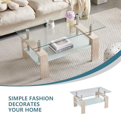 Living Room Rectangle Coffee Table, Tea Table Suitable for Waiting Room, Modern Side Coffee Table with Wooden Leg, Glass Tabletop with Lower Shelf (Yellow Travertine) - color: Yellow Travertine