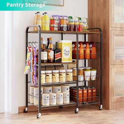 HapiRm Rolling Kitchen Microwave Cart - 4 Tier Microwave Table Stand with Pull-Out Baskets, Coffee Bar Baker's Rack with Wheels Rolling Storage Cart Organizer Shelf for Living Room Office, Balcony - color: Brown