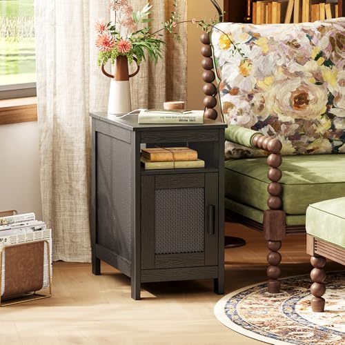 Huuger Narrow Night Stand, End Table with Charging Station, USB-C Port, Rattan Side Table with Cabinet and Open Shelf, Synthetic Rattan, for Small Spaces, Bedroom, Black - color: Black