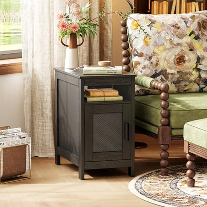Huuger Narrow Night Stand, End Table with Charging Station, USB-C Port, Rattan Side Table with Cabinet and Open Shelf, Synthetic Rattan, for Small Spaces, Bedroom, Black - color: Black
