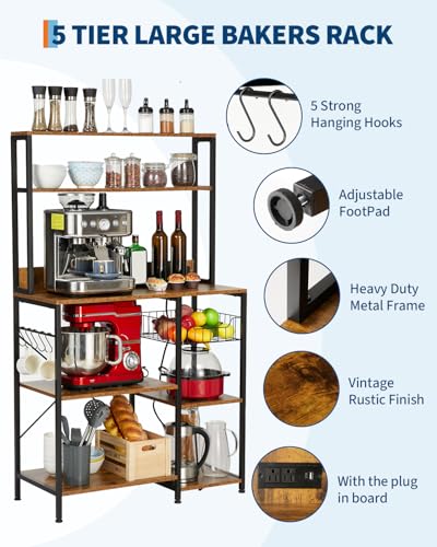 Garvee Kitchen Bakers Rack with Power Outlet, 35 * 60inch Microwave Oven Stand with Storage 4 Tiers, Coffee Bar Table with 5 S Hooks, Kitchen Storage Shelf Rack for Spices, Pots, Rustic Brown - size: 35*60