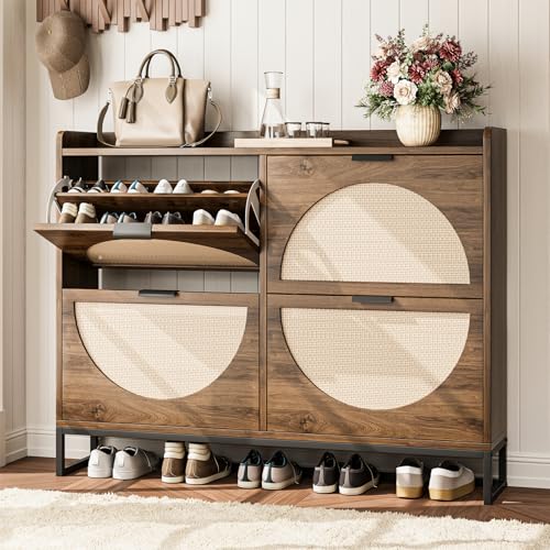 Flip Drawer Shoe Cabinet, Slim Narrow Entryway Storage Furniture with Hidden Flip-Open Organizer, Engineered Wood & Veneer Construction, Hallway Living Room Foyer, 4 Drawer, Oak - color: Oak, size: 4 Drawers