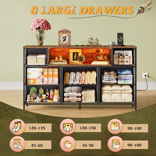 WLIVE Dresser TV Stand for 45, 50, 55 inch TV, Entertainment Center with LED Lights & Charging Station, Chest of Drawers with 8 Fabric Drawers and Open Shelves for Living Room, Hallway, Pattern - color: Pattern