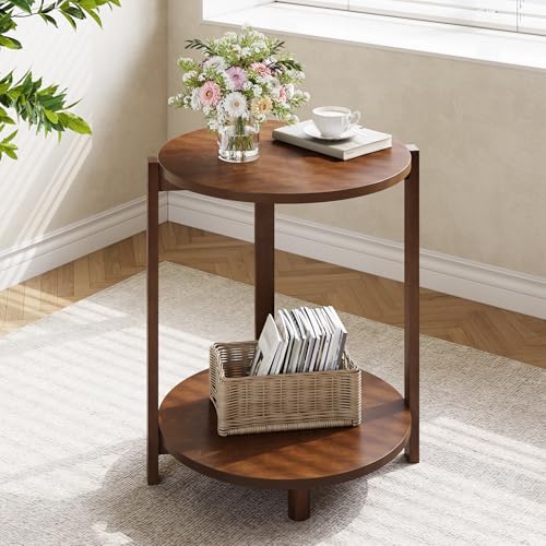 Solid Wood Side Table Set of 2, Small Round End Table with 2-Tier Storage, 19-Inch Wooden Circle Retro Nightstand, Accent Furniture for Small Spaces, Bedroom, Living Room, Brown