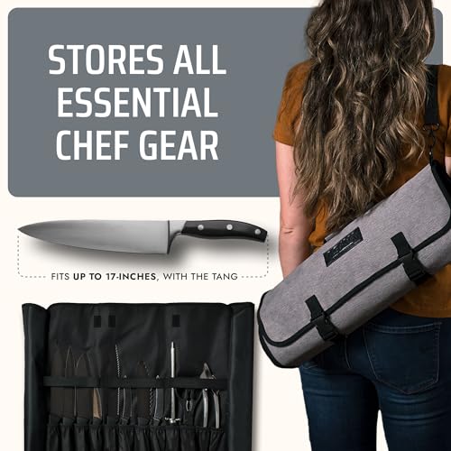 Asaya Waxed Nylon Chef Knife Roll Bag with 20 Slots and Zippered Pockets - Professional Chef Knife Bag & Storage Case, Tool Carrier with Shoulder Strap - Knives Not Included (Grey) - color: Gray
