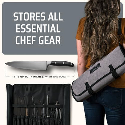 Asaya Waxed Nylon Chef Knife Roll Bag with 20 Slots and Zippered Pockets - Professional Chef Knife Bag & Storage Case, Tool Carrier with Shoulder Strap - Knives Not Included (Grey) - color: Gray