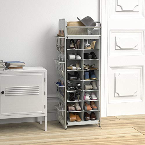 Simple Houseware 16 Cube Shoe Stand Tower Rack 8 Tier, Gray | Top Shelf and Side Hanging Pockets - color: Gray