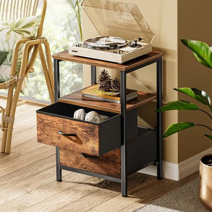 Huuger Night Stand with 2 Drawers, Bed Side Table with Open Shelf, Wooden Top, Nightstand for Bedroom, End Table for Small Space, Fabric Drawer, Rustic Brown - color: Rustic Brown