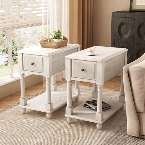 Set of 2 Narrow Open End Table with Drawer, Solid Wood Side Table 2-Tier Skinny Table with Storage Shelves Slim Nightstand Small Sofa End Table for Living Room Bedroom-Antique White 004RW - color: Antique White, size: Set of 2