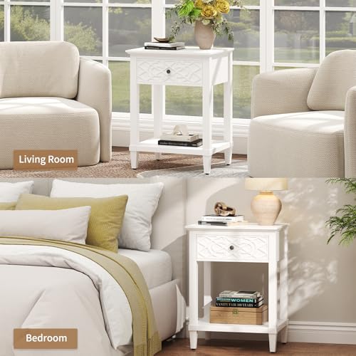 26" Night Stand with Drawers, Painted Bedside Table, Solid Wood Nightstand | Pine Leg and Solid Wood Frame Nightstand, Side Table End Table for Bedroom, Carved Pattern, Pure White - color: Pure White