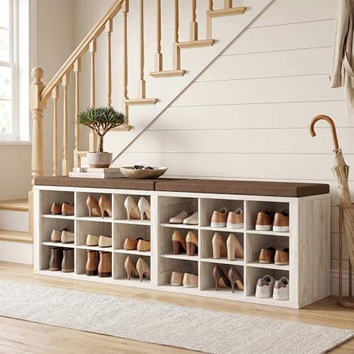 AMONIDA Shoe Storage Bench with Cushion, Entryway Bench with Shoe Storage,18 Cubby Shoe Bench with Removable Dividers, Shoe Organizer Bench for Entryway, Living Room, Light Grey (18, Light Wood) - color: Light Wood
