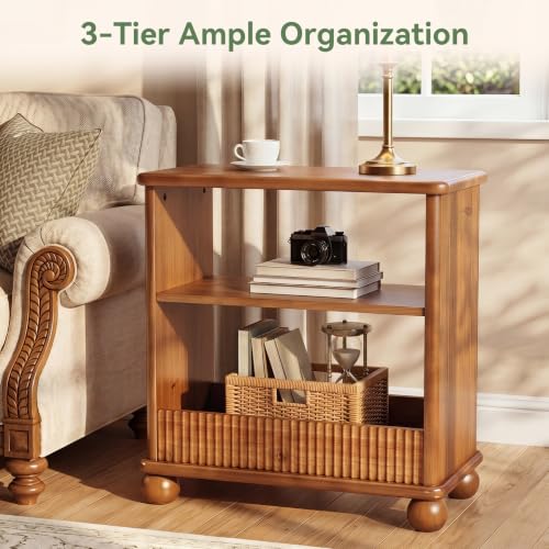 Solid Wood Side Table, 3-Tier Narrow End Table, Nightstands with Shelf Storage for Living Room, Bedroom, Office and Small Spaces, Easy Assembly, Rustic Brown