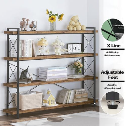 HCHQHS Large Bookshelf, 4-Tier Long Industrial Bookcase, Rustic Brown Book Shelf, Freestanding Horizontal Bookshelves with Metal Frame - color: Rustic Brown, size: 4-Tier (56.7"W x 54.2"H)