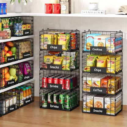 JKsmart 4 Pack XL Stackable Wire Baskets with Name Plates, Pantry Organizers and Storage - size: XL-12.2"x9.85"x28.65"