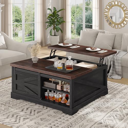 Itaar 39.4'' Lift Top Coffee Table with Storage, Farmhouse Coffee Tables for Living Room, Square Coffee Table with Large Hidden Compartment & 2 Drawers & Adjustable Shelves, Black+Walnut - color: Black+walnut