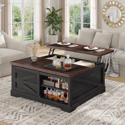 Itaar 39.4'' Lift Top Coffee Table with Storage, Farmhouse Coffee Tables for Living Room, Square Coffee Table with Large Hidden Compartment & 2 Drawers & Adjustable Shelves, Black+Walnut - color: Black+walnut