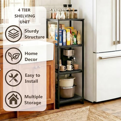 4-Tier Bathroom Shelving Unit, Narrow Corner Slim Rack, Black | 33.7"H, Metal Frame, Wood Finish Shelf, for Laundry Room, Kitchen, Living Spaces, Sturdy Build - size: 4-Tier